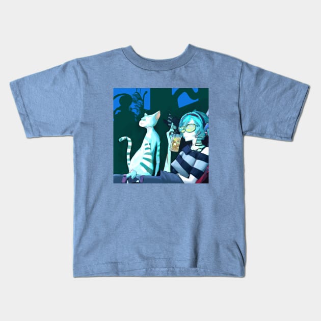 Blue Haired Girl Enjoys Tea and Tunes With Her Cat Friend Kids T-Shirt by Star Scrunch